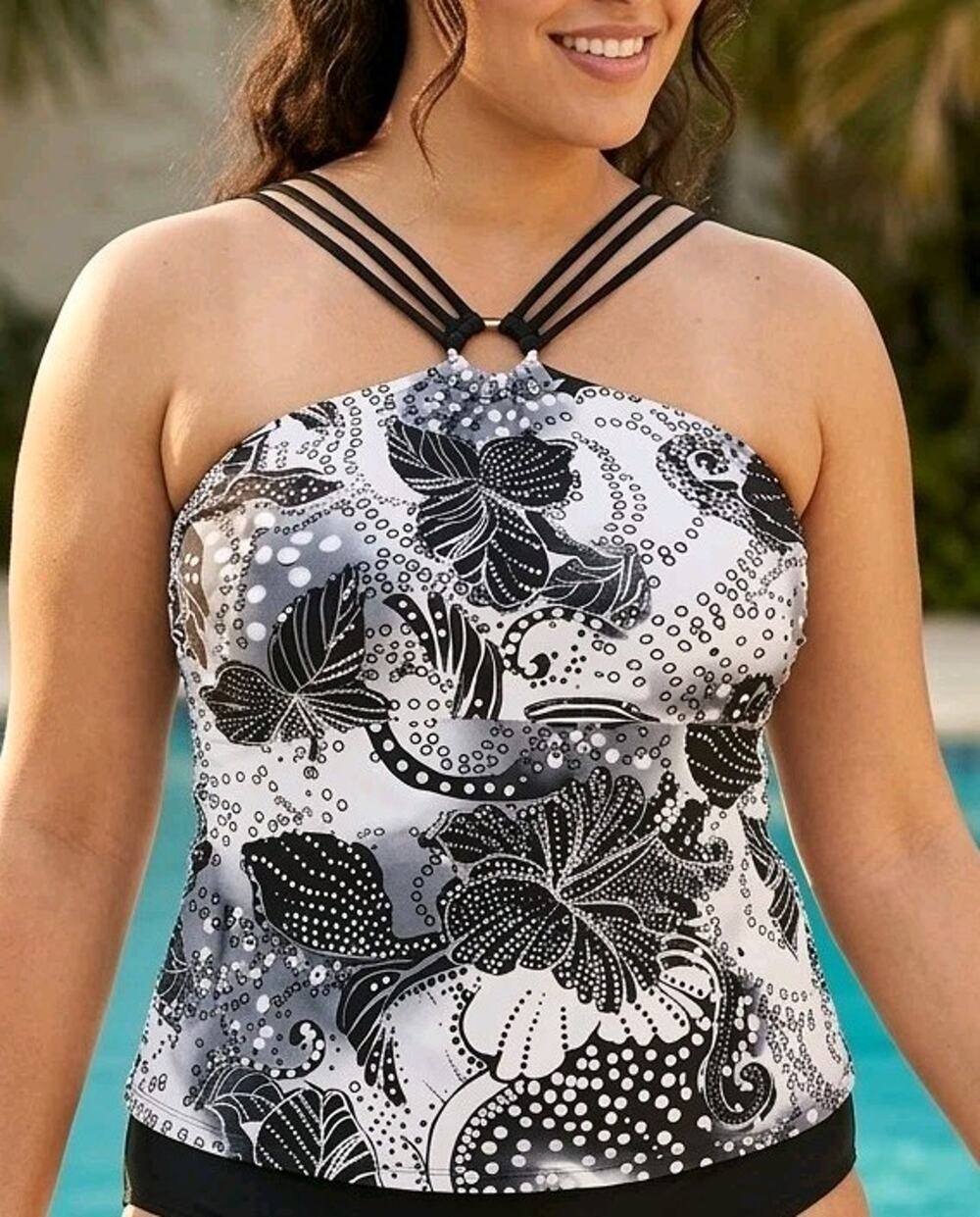 Sand n Sun Women's Tankini Swim Top Black And White Vacation Plus Size 1X